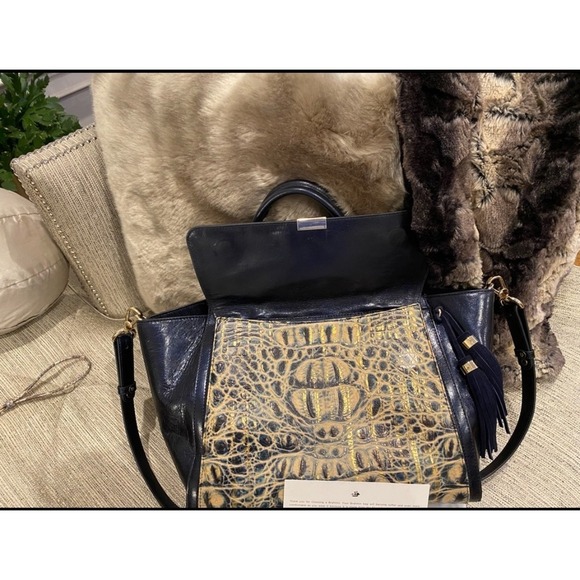 Brahmin‎ Satchel Handbag Croc Embossed Leather Navy Gold Tassel Purse - Picture 4 of 4